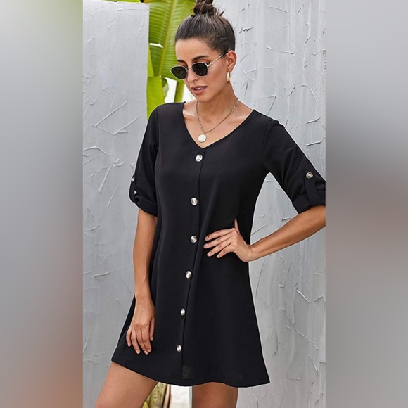 Black Dress with 3/4 Sleeves + Buttons - Picture 5 of 5